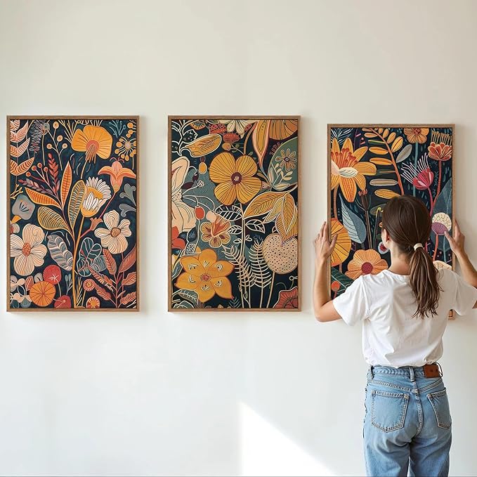 SIGNINART Orange Floral Framed Canvas Wall Art Set of 3, Mid Century Modern Flower Wall Decor, Neutral Plant Artwork, Boho Botanical Art Prints for Bedroom Living Room Office 16"x24"x3