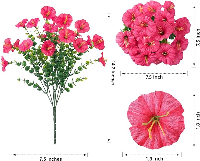 Artificial Flowers for Outdoors Fake Plants Outside Decoration, 12 Bundles Silk Hot Pink Morning Glory UV Resistant Look Real Faux Flowers for Planter Front Door Porch Patio Yard Gardens Home