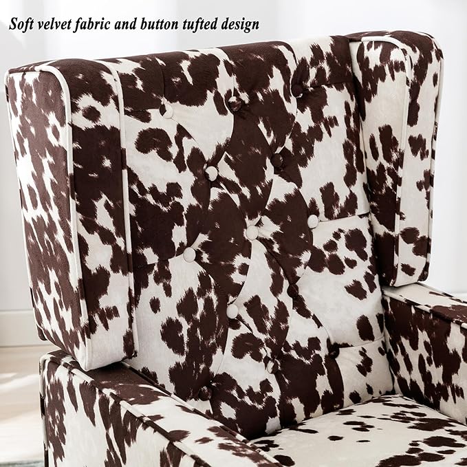 DUOMAY Tufted Accent Chair, Modern Upholstered Wingback Side Arm Chair for Living Room Bedroom with Wood Legs, Comfy Reading Guest Chair for Office, Milk Cow/Brown