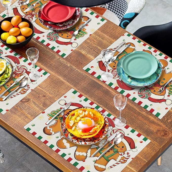 Gingerbread Man Christmas Placemats Set of 4 Candy Cane Xmas Seasonal Holiday Linen Table Mats Red Green Orange Winter Washable Place Mats for Party Kitchen Dining Outdoor Indoor Decor