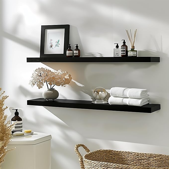 48 Inch Floating Shelves for Wall Rustic Black Wood Wall Shelves for Bedroom Set of 4