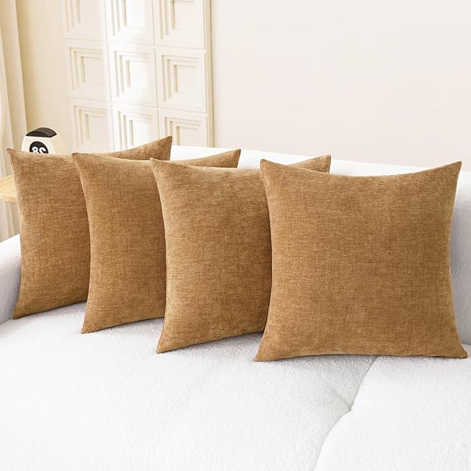 CaliTime Throw Pillow Covers Decorative 18 X 18 Inches Pack of 4 Cozy Chenille Cushion Cases for Couch Sofa Bed Living Room Home Apricot Brown