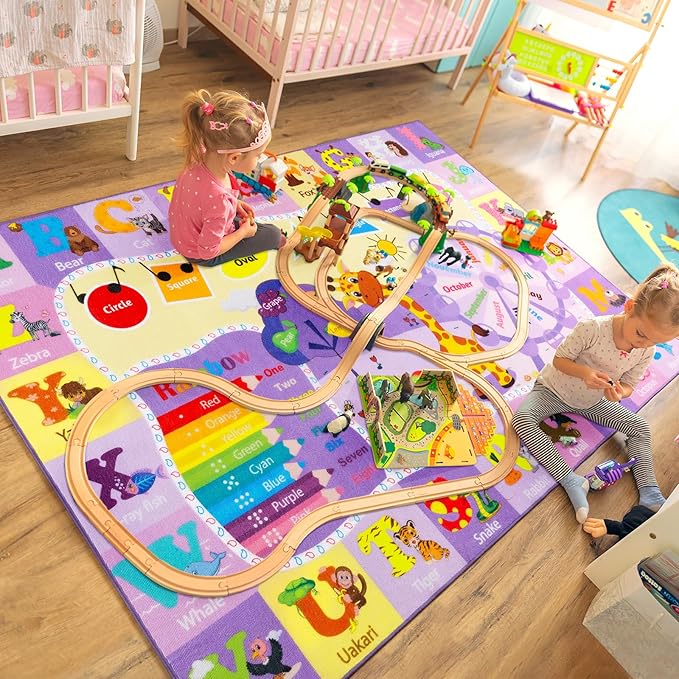 Kids Rugs for Playroom Bedroom Classroom Nursery, Non-Slip and Washable Rugs for Children Toddlers Girls, Educational and Fun Rug Carpets with ABC Alphabet Animals Shapes, 4x6, Purple