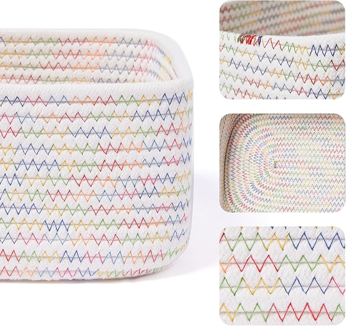 Small Storage Baskets for Organizing | Closet Organizer Bins | Shelf Toy Basket | Woven Rope Baskets | Cube Decorative Box | Shallow Basket | 11.5x7.5x4.7” | 4 Packs Rainbow