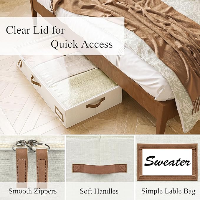 Under Bed Storage Containers, 2-Pack Underbed Storage Box, Collapsible Clothes Storage Bins with Handles and Lid, Medium Under Bed Organizers for Shoe, Blanket, Toy, Pillow, Sheet, Beige