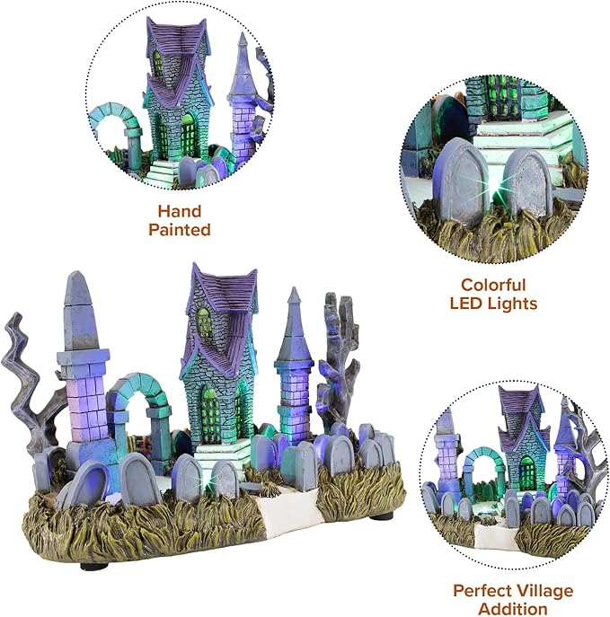 Cemetery Yard Graveyard Grave Theme Spooky Halloween Village Colorful LED Lights 9.25"x 5" x 6.25"