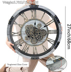 DORBOKER 27" Original Moving Gears Wall Clock, Large Industrial Wall Clock for Living Room Decor, Retro Metal Solid Wood Vintage Farmhouse Steampunk Rustic Clocks for Wall Decor,Silver Grey