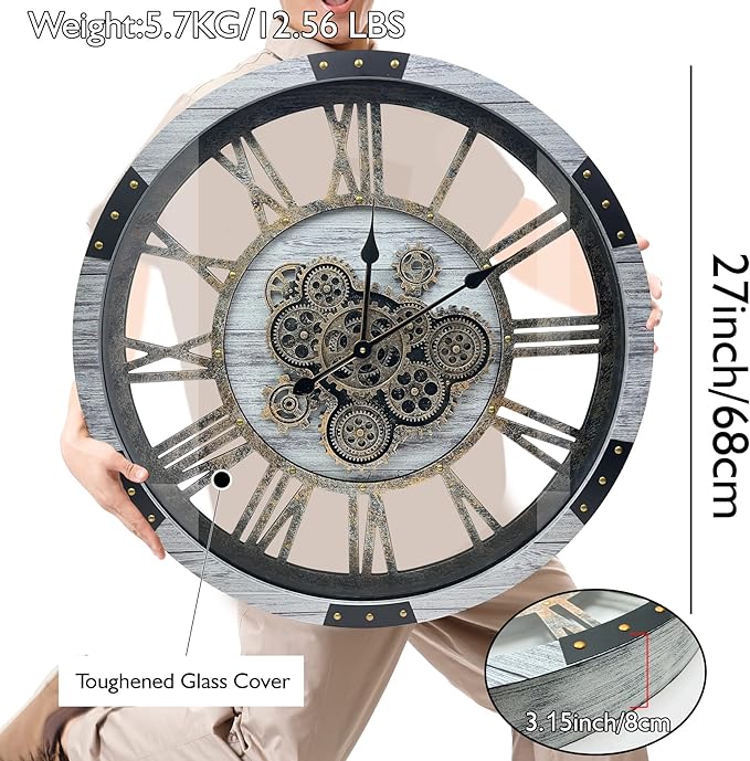 DORBOKER 27" Original Moving Gears Wall Clock, Large Industrial Wall Clock for Living Room Decor, Retro Metal Solid Wood Vintage Farmhouse Steampunk Rustic Clocks for Wall Decor,Silver Grey