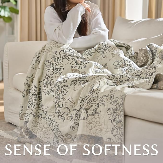 jinchan Boho Floral 100% Cotton Blanket 4-Layer Throw Blanket with Tassel Grey and White Flower Butterfly Soft Luxury Rustic Farmhouse Decor Blanket for Couch Bed 60x80 inch All Season Gift for Women