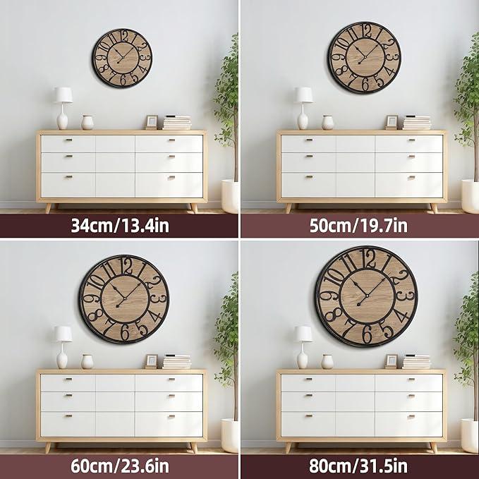 Large Wall Clock for Living Room Decor - Non-Ticking, Silent, Battery Operated Modern Vintage Wood Clock - Oversized Decorative for Bedroom, Kitchen, Farmhouse, Office