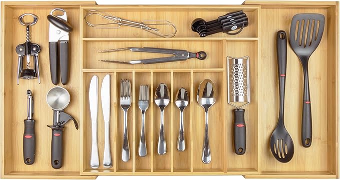 Premium Silverware, Flatware and Utensil Organizer for Kitchen Drawers, Food-Safe Contract Grade, Expandable from 18 to 33 In, Natural Bamboo
