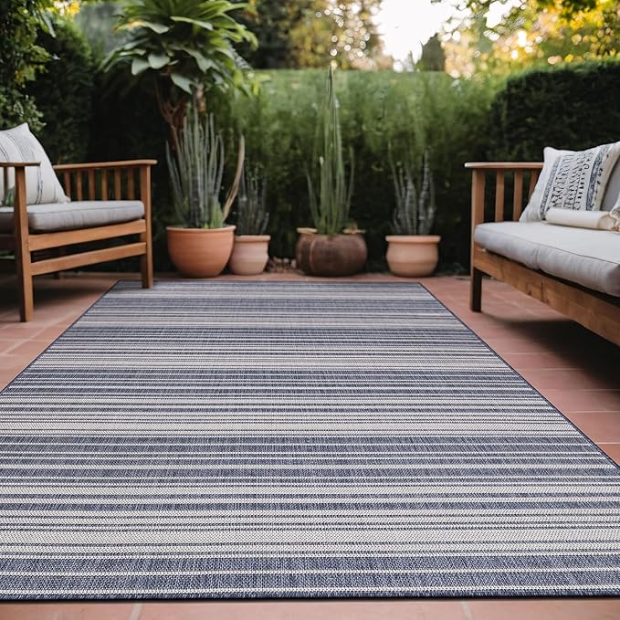 Stripe Outdoor Rug 10x14 Washable Outside Carpet for Indoor Patio Porch Waterproof Easy Cleaning Non Shedding Area Rugs Blue 10 x 14
