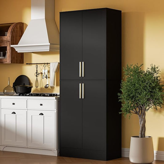 71" Tall Pantry Cabinet, 4 Doors Kitchen Pantry Storage Cabinet, Freestanding Larder Cupboard, Kitchen Hutch with Gold Handles for Dining Room, Bathroom, Black