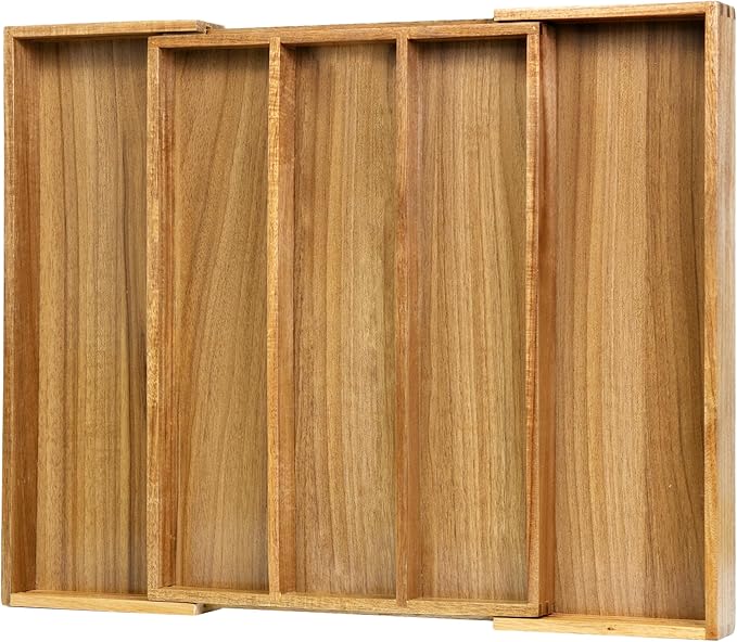 VaeFae Acacia Kitchen Silverware Organizer, Cutlery Drawer Organizer with 5 Compartments, Wooden Utensil Holder for Flatware and Cooking Tools
