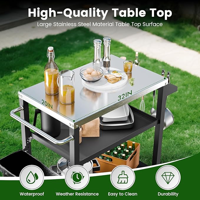 NUUK 3-Shelf Grill Cart with Stainless Steel Top – 20" x 32" Mobile Outdoor Kitchen Table for Pizza Oven, Food Prep, and Dining – Worktable with Wheels,
