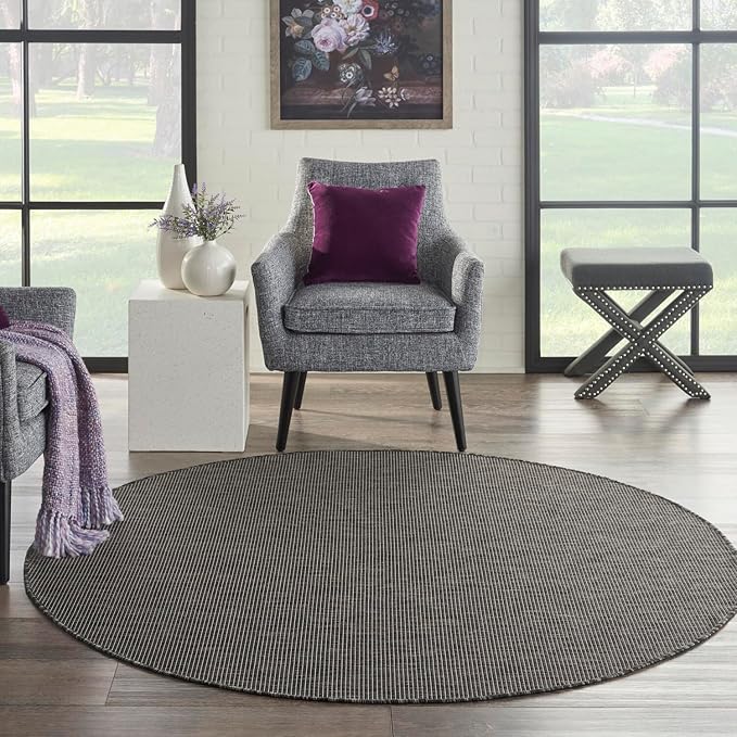 Nourison Positano Indoor/Outdoor Charcoal 6' x Round Area Rug, Easy Cleaning, Non Shedding, Bed Room, Living Room, Dining Room, Backyard, Deck, Patio (6 Round)