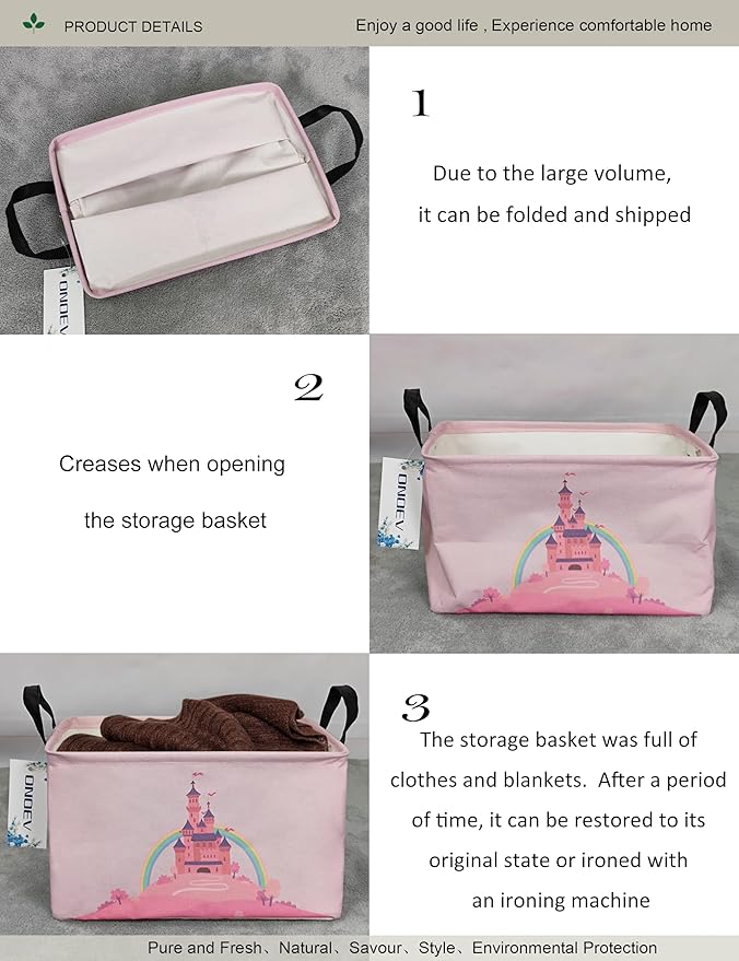 Rectangular Folding Laundry Basket,waterproof Canvas Basket,gift basket,Suitable for children's room,Office,Clothes,Toys Storage(Pink Castle)