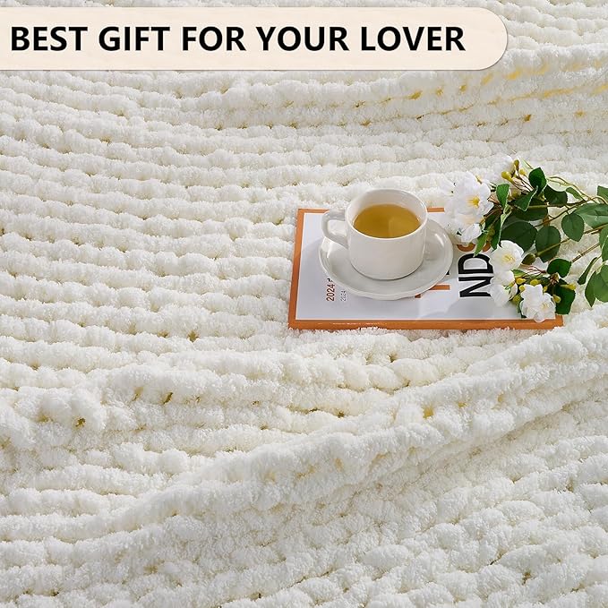 L'AGRATY Chunky Knit Blanket Throw: Soft Chenille Yarn Throw Blanket 60x80 - Handmade Thick Cable Crochet Blanket - Large Chunky Rope Throw Blanket for Couch Sofa Bed Home Decor(Cream White)