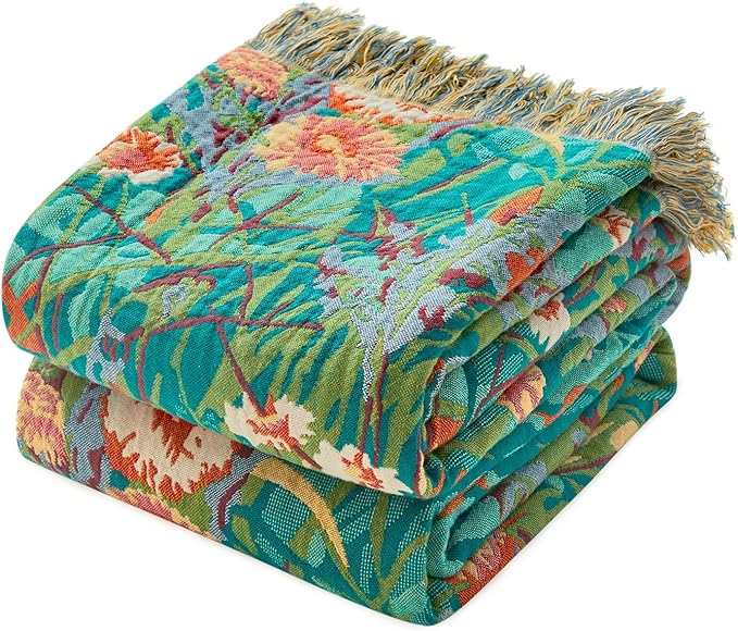 MSGKV Boho Throw Blanket for Bed Twin Size Cotton Muslin Breathable Floral Blanket 60"x80" Sofa Couch Blankets for All Seasons Lightweight Farmhouse Blankets Boho Home Decor