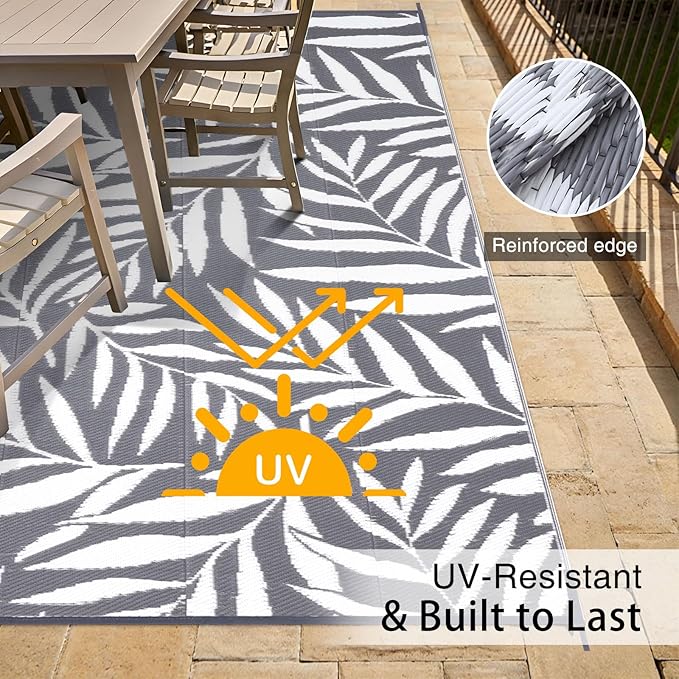 OLANLY Waterproof Outdoor Rug 6x9 ft, Reversible Outdoor Plastic Straw Rug with Leaf Pattern, RV Mat, Indoor Outdoor Carpet for Patio, Camping, Balcony, Deck, Backyard, Grey & White