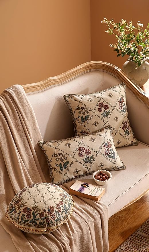 patdrea Designer Throw Pillow Covers Set of 4,Euro Vintage Light Brown Linen with Floral Collection Pattern Pillow Cover,Decorative Square Lumbar Round Pillowcases Cushion for Bed Living Room Car