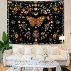 Aipon Orange Butterfly Moon Flower Tapestry Botanical Floral Plant Boho Tapestry for Bedroom Aesthetic Vintage Tapestries Wall Hanging for Living Room Dorm (60.00'' × 80.00'', Orange)