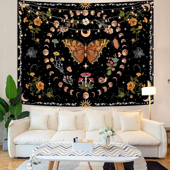 Aipon Orange Butterfly Moon Flower Tapestry Botanical Floral Plant Boho Tapestry for Bedroom Aesthetic Vintage Tapestries Wall Hanging for Living Room Dorm (60.00'' × 80.00'', Orange)