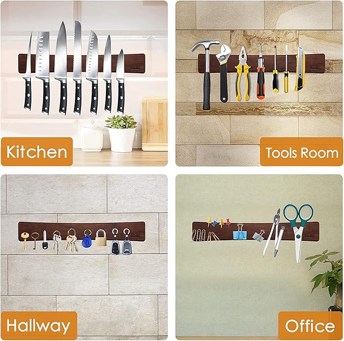 Magnetic Knife Strips, Magnetic Knife Holder for Wall 16 Inch, Acacia Wood Knife Magnetic Strip Use as Knife Bar, Knife Holder for Kitchen Utensil Organizer