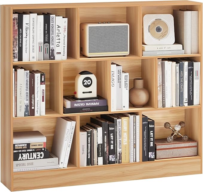 LEYAOYAO 10 Cube Bookshelf with Base,3 Tier Mid-Century Modern Grey Bookcase,Standing Wide Bookshelves Storage Organizer Shelf,Rustic Wood Display Cabinet Book Shelves for Bedroom,Living Room,Office