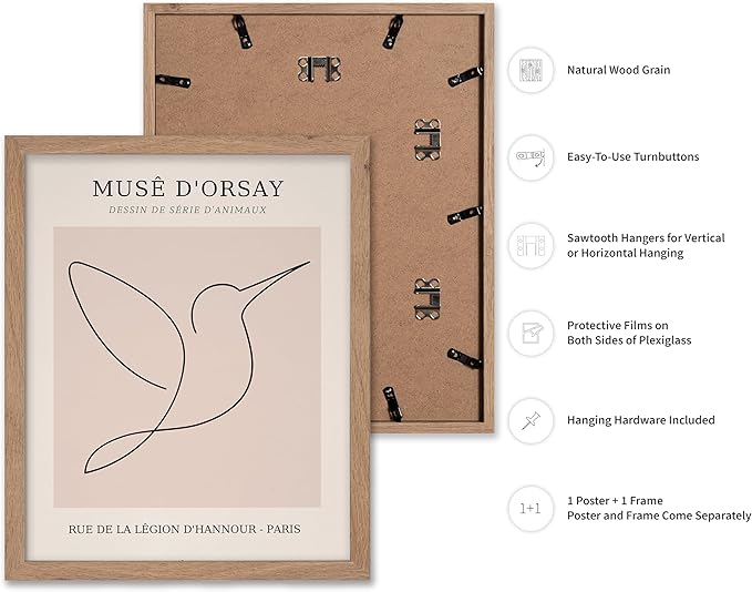 Poster Master Vintage Poster - Retro One Line Hummingbird Drawing Print - Bird Line Art - Minimal Gift for Him, Her, Animal Lover - Abstract Decor for Home, Office, 16x20 Beige Framed