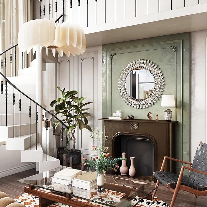 Kelly Miller Round Jeweled Mirror for Wall Decor, 26 in Modern Decorative Wall Mirror with Luxury Diamonds Beveled Vanity Mirror for Bedroom Dresser, Living Room Table, Bathroom, Hallway, Entryway