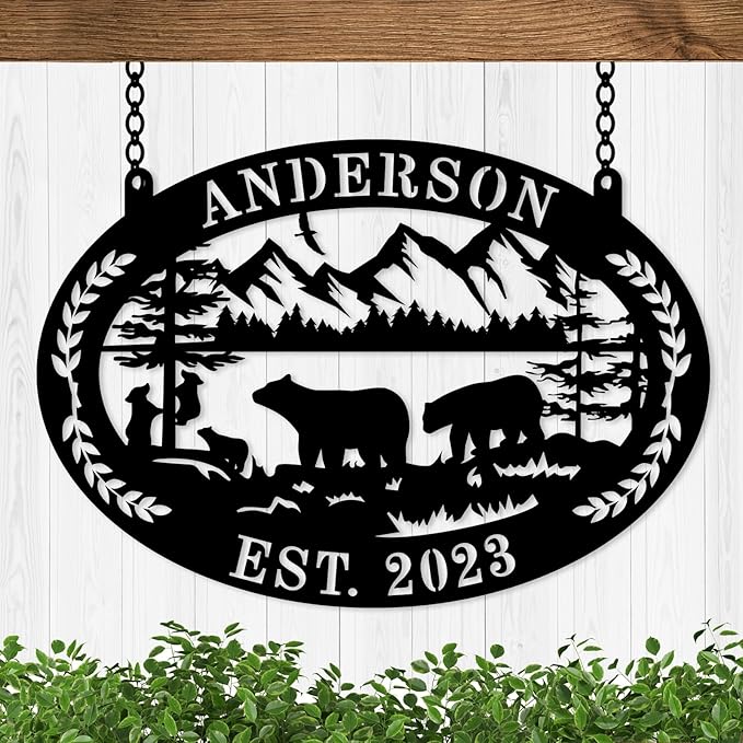 Custom Farmhouse Farm Sign, Custom Bear Monogram Name Sign, Ranch Sign, Outdoor Family Name Sign, Personalized Family Name Bear Metal Wall Sign, Personalized Rustic Name Sign