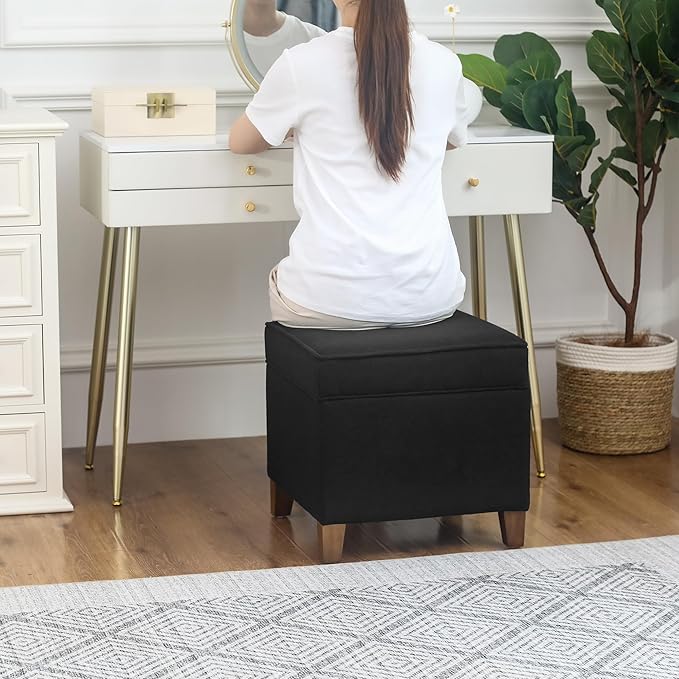 Adeco 17.5" Square Fabric Ottoman with Storage - Upholstered Cotton Linen Foot Rest - Flip Top Footstool with Sturdy Wood Legs, Small Cube Coffee Table Extra Seat for Living Room, Bedroom, Black