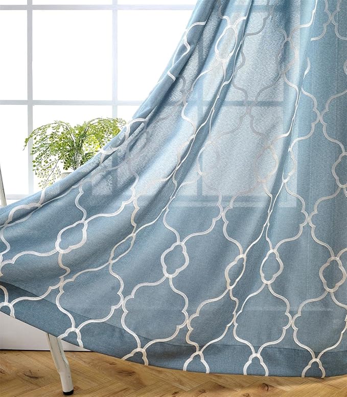 Miuco Moroccan Embroidered Semi Sheer Curtains Faux Linen Grommet Curtain Set for Bedroom 52 x 95 Inch, Dusty Blue