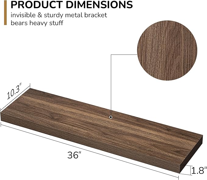 Fun Memories Floating Shelves - 10.3 Inch Deep Wall Shelf for Decor & Storage - Wall Mounted Display Shelving with Invisible Heavy-Duty Metal Bracket - 36"x 10.3"x 1.8" 1 Pack, Walnut