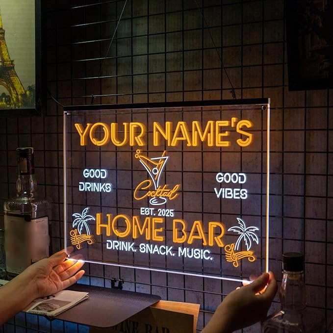 Personalized Cocktail Bar Signs with Your Name for home wall light up with personalized pub name, man cave accessories, beer themed neon customizable lighted sign