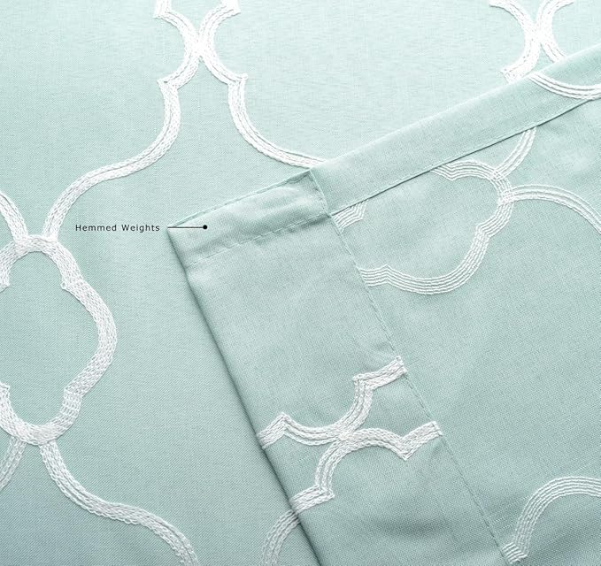 MIUCO Moroccan Embroidered Semi Sheer Curtains Faux Linen Grommet Window Panel Pair for Kitchen 52 x 63 Inch, Subtle Green