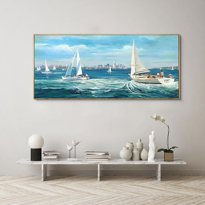 XLSJERST Large Blue Canvas Wall Art Seascape Painting - Landscape Picture Textured Navy Modern Sailboat Ocean Artwork Framed for Living Room Bedroom Bathroom Home Office Wall Decor Large Size 70"x31"