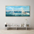 XLSJERST Large Blue Canvas Wall Art Seascape Painting - Landscape Picture Textured Navy Modern Sailboat Ocean Artwork Framed for Living Room Bedroom Bathroom Home Office Wall Decor Large Size 70"x31"
