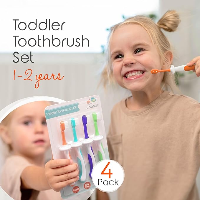 Cherish Baby Care Toddler Toothbrushes 1-2 Years (4-Pack) - BPA-Free & Safety-Tested Kids Toothbrush Kit, Designed by a Pediatric Dentist, Soft-Grip Toothbrush for Kids, My First Toothbrush Set