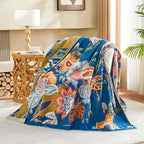 Boho Throw Blanket, Blue Lightweight Blankets for Summer, 100% Cotton Bohemian Decorative Throw Blanket, 50"x60" Reversible Muslin Breathable Woven Farmhouse Blankets Quilt,