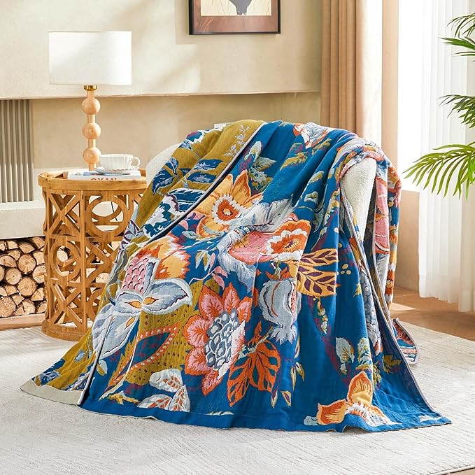 Boho Throw Blanket, Blue Lightweight Blankets for Summer, 100% Cotton Bohemian Decorative Throw Blanket, 60"x80" Reversible Muslin Breathable Woven Farmhouse Blankets Quilt,