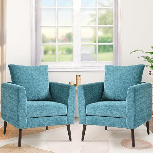 Barrel Accent Chair Set of 2 with Back Pillow, Large Upholstered Armchair with Solid Wood Legs Modern Reading Chairs for Living Room Bedroom