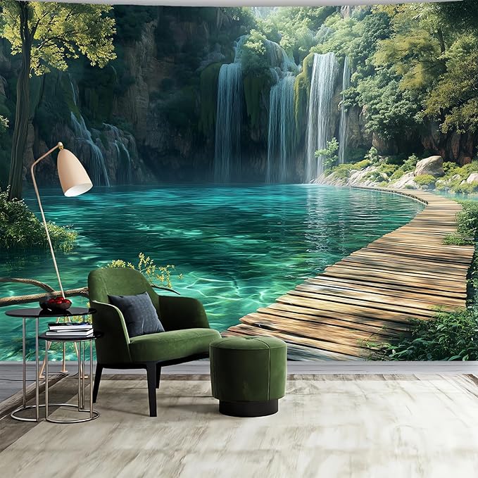 BSFHH Nature Tapestry Forest Tree Sea Cave Wall Hanging, Stream Through Rainforest Landscape Wall Art Tapestry for Bedroom Living room (Waterfall, 79"×59", Unframed)