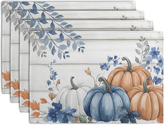 Autumn Placemats Blue Pumpkin Fall Place Mat Eucalyptus Leaves Floral Wood Grain Table Mats Thanksgiving Harvest Linen Placemat Party Kitchen Dining Decoration 12x18 Inch Set of 4