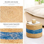Handwoven Water Hyacinth Ottoman Pouf, Round Outdoor Footstool with Sturdy Frame, No Assembly Needed, Boho Accent Stool for Indoor & Outdoor Use – Patio, Balcony, Living Room (Blue)