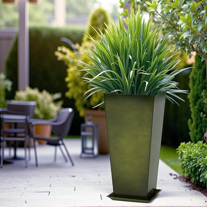 WORTH Garden 28" Large Metal Glazed Planter Set of 2, Luxurious Glossy Finish Green Tall Square Tapered Steel Plant Pots, Decor Flower Pot Indoor & Outdoor, Drainage Hole & Dual-Purpose Plant Saucer