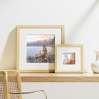 Vittanly 8x8 Picture Frames Set of 9, Shatter Resistant Plexiglass, Display 4x4 Pictures with Mat or 8x8 without Mat, Photo Frames for Wall Mount, Engineered Wood, OAK