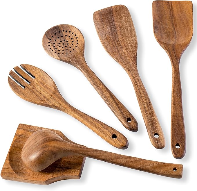 Wooden Spoons for Cooking, Nonstick Cooking Utensil Set with 5 Piece Acacia Wooden Spatulas and Spoons, as well as a Extra Whole Wood Spoon Rest, Terrific for Everyday Kitchen Tasks