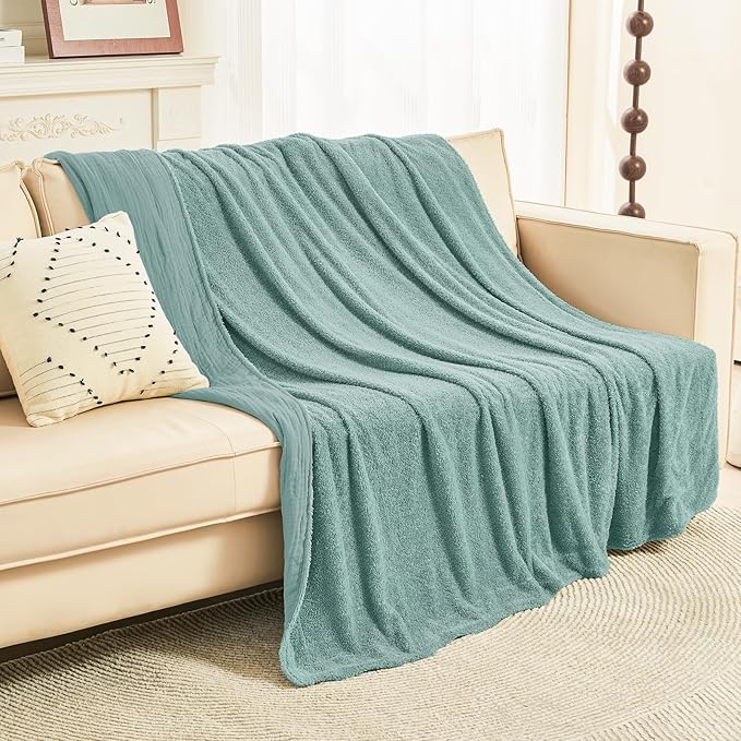 EMME Muslin and Fleece Throw Blanket Reversible - 50"*60" Teal Soft Warm Throw Blankets for Couch Bed Picnic Travel Bed